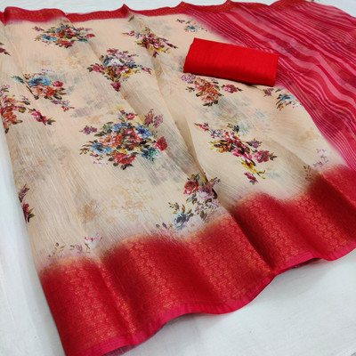 APERA Digital Print Bollywood Cotton Blend Saree(Beige)