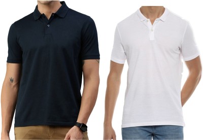 Maleno Solid Men Polo Neck White, Navy Blue T-Shirt