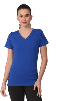 Brilon Solid Women V Neck Blue T-Shirt