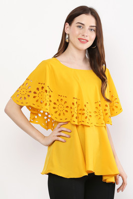 INDAISY FASHION Casual Laser Cut Women Yellow Top