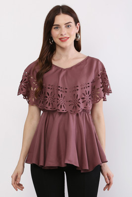 INDAISY FASHION Casual Laser Cut Women Brown Top
