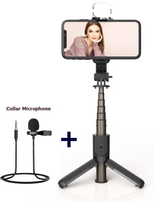 BUFONA Multifunctional Stand Holder Bluetooth Selfie Stick with Selfie Light+Collar Mic Tripod, Monopod, Monopod Kit, Tripod Ball Head, Tripod Bracket, Tripod Clamp, Tripod Kit(Black, Supports Up to 600 g)