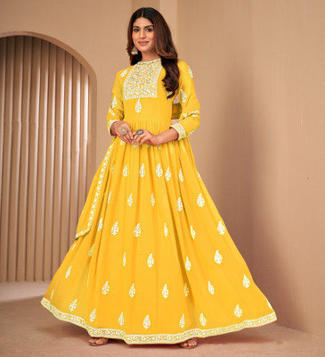 Divine Exim Georgette Embroidered Gown/Anarkali Kurta & Bottom Material