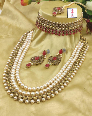 White pearl Alloy Gold-plated Gold, White, Ruby Red Jewellery Set(Pack of 1)