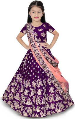 The Fashion Prime Girls Lehenga Choli Ethnic Wear Embroidered Lehenga, Choli and Dupatta Set(Purple, Pack of 1)