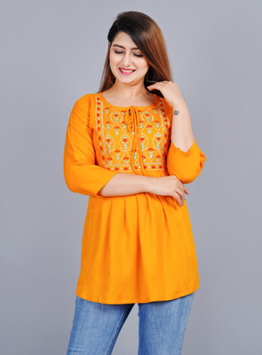 DRASHTI Women Embroidered Flared Kurta(Yellow)