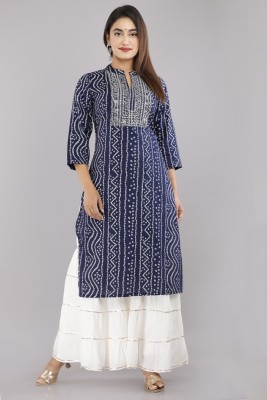 Chaukas Women Printed Straight Kurta(Blue)