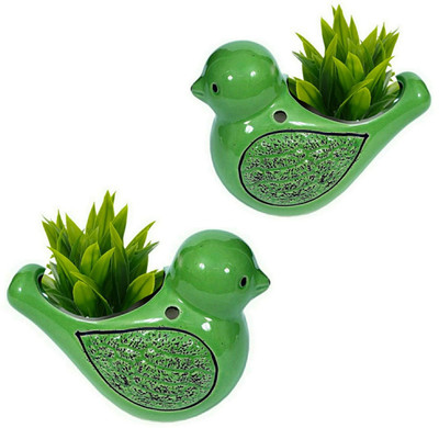 Luminescence Enterprises Ceramic Bird Shaped Hanging Plant Container Set, Green Color, Pack Of 2 Plant Container Set(Pack of 2, Ceramic)