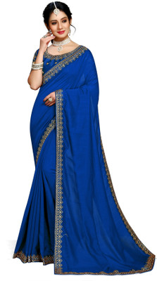 Pireva Solid/Plain Bollywood Silk Blend Saree(Blue)