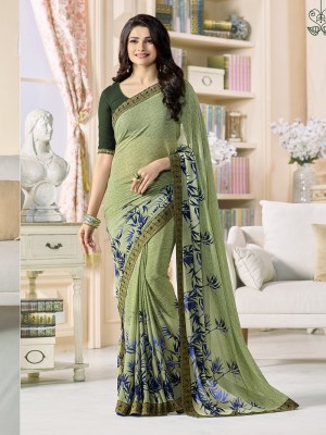 Hensi sarees shop Printed, Polka Print, Floral Print, Checkered, Color Block, Dyed, Ombre, Paisley, Striped, Woven Pochampally Georgette, Lycra Blend Saree(Dark Blue, Light Green)