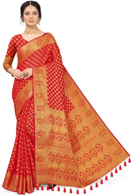 sareesiya creation Woven Banarasi Cotton Silk Saree(Red)