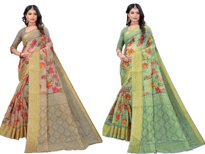 Vimalnath Synthetics Printed Bhagalpuri Cotton Silk Saree(Pack of 2, Beige, Light Green)