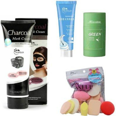 Mixonshun Set of 4 charcoal mask & ice cream mask & Green stick mask & 6 Pc Beauty Blender (350 ml) (4 Items in the set)(4 Items in the set)