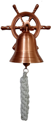 Purpledip Brass Nautical Bell Captain's Wheel Hook Pirate Ship Marine Wall Hanging Decorative Showpiece  -  24 cm(Brass, Gold)