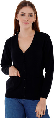 KNITLORE Woven V Neck Casual Women Black Sweater