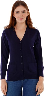 KNITLORE Woven V Neck Casual Women Blue Sweater