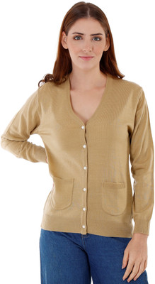 KNITLORE Woven V Neck Casual Women Beige Sweater