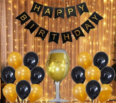 Pixelfox Happy Birthday Banner (Black) + 1 GlassFoil + 30 Metallic Balloon(Black,Gold)(Set of 32)