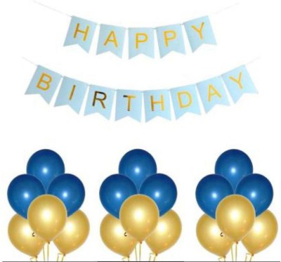 Pixelfox Happy Birthday Banner (SkyBlue) + 30 Metallic Balloon (Blue, Golden)(Set of 31)