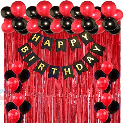 Pixelfox Happy Birthday Banner (Black) + 2 Fringe (Red) + 30 Metallic Balloon(Red,Black)(Set of 33)