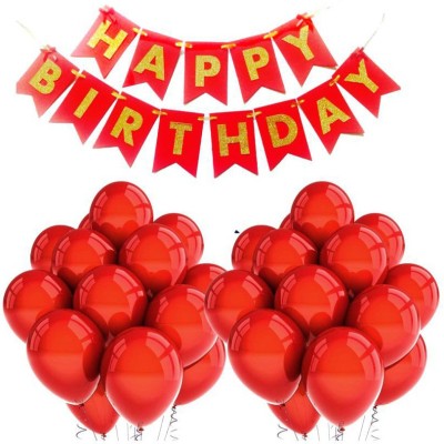 Pixelfox Happy Birthday Banner (Red) + 30 Metallic Balloon(Red)(Set of 31)