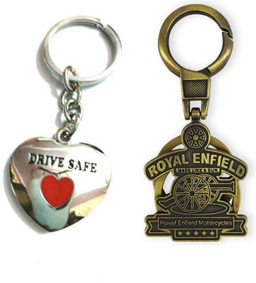 Blue Aura Combo of Royal Enfield Golden Metal And Drive Safe Heart Shape Key Chain Key Chain
