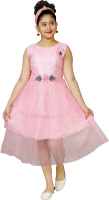 YAYAVAR Girls Calf Length Party Dress(Pink, Sleeveless)