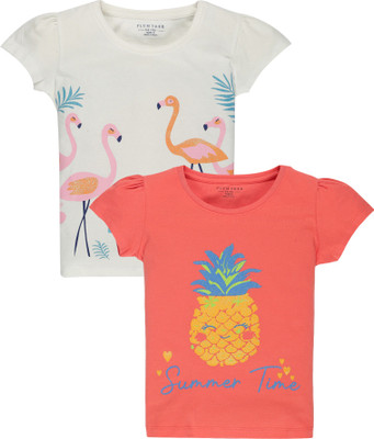 Plum Tree Girls Printed Pure Cotton Regular T Shirt(Red, Pack of 2)
