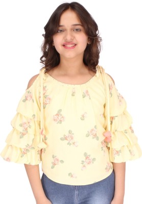 Cutecumber Baby Girls Casual Chiffon Fashion Sleeve Top(Yellow, Pack of 1)