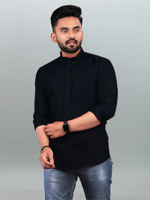 FRELURO Men Solid Straight Kurta(Black)
