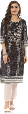 BIBA Women Printed Straight Kurta(Black)