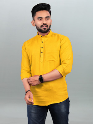 FRELURO Men Solid Straight Kurta(Yellow)