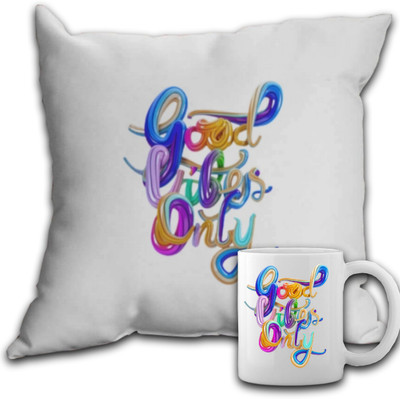 DashingArt Good Vibes Only Combo Pillow And Ceramic Coffee Mug(350 ml)