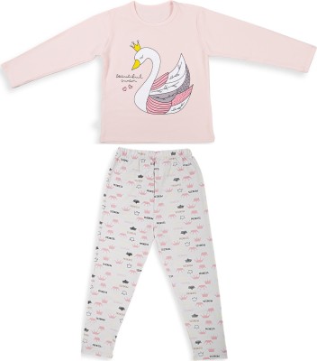 Baby Moo Baby Boys & Baby Girls Printed Pink, White Night Suit Set