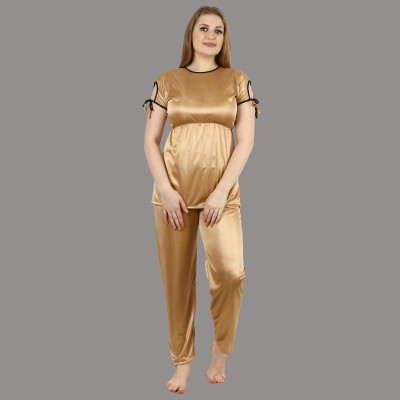 Look Plus Women Solid Gold Top & Pyjama Set