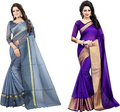 Suntex Geometric Print Daily Wear Cotton Silk Saree(Pack of 2, Purple, Grey)