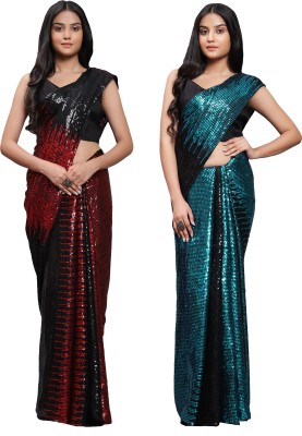 DECOFIN Embellished Bollywood Georgette Saree(Light Blue, Red)