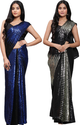 DECOFIN Embellished Bollywood Georgette Saree(Dark Blue, Black)