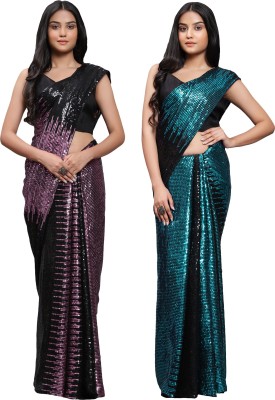 DECOFIN Embellished Bollywood Georgette Saree(Pack of 2, Light Blue, Pink)