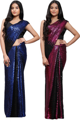 DECOFIN Embellished Bollywood Georgette Saree(Pack of 2, Purple, Blue)