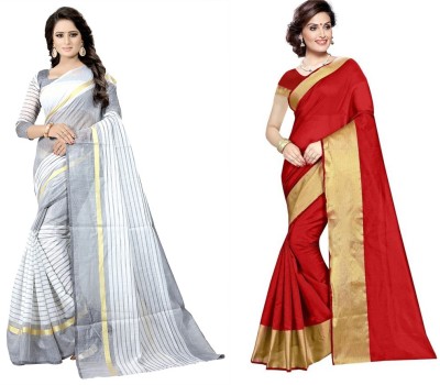 Samai Geometric Print Daily Wear Cotton Silk Saree(Pack of 2, Silver)