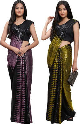 DECOFIN Embellished Bollywood Georgette Saree(Gold, Pink)