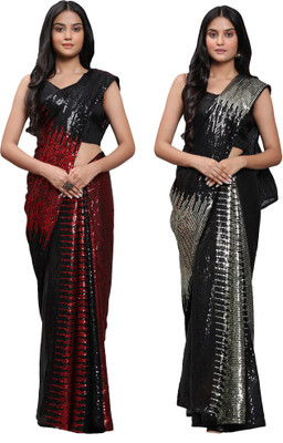 DECOFIN Embellished Bollywood Georgette Saree(Red, Grey)