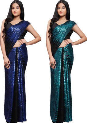 DECOFIN Embellished Bollywood Georgette Saree(Light Blue, Blue)