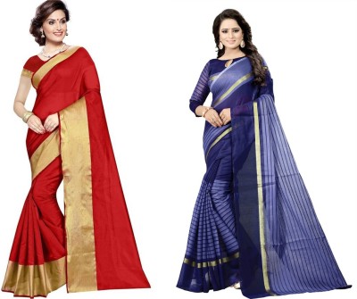 Suntex Geometric Print Paithani Cotton Silk Saree(Pack of 2, Dark Blue, Red)