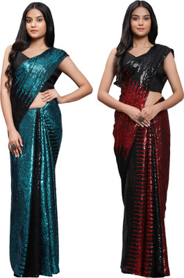 DECOFIN Embellished Bollywood Georgette Saree(Pack of 2, Light Blue, Red)