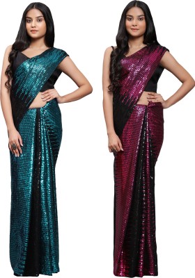 DECOFIN Embellished Bollywood Georgette Saree(Pack of 2, Purple, Dark Green)