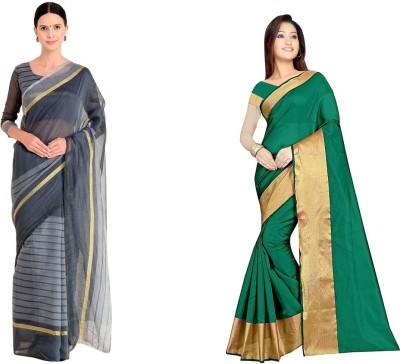 Suali Striped Daily Wear Cotton Silk Saree(Pack of 2, Green, Grey)