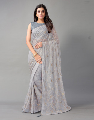 Satrani Embroidered, Embellished Fashion Chiffon Saree(Grey)