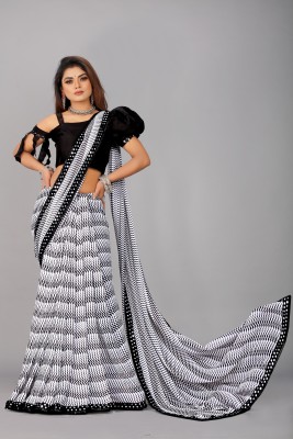 LA VITA Striped Bollywood Georgette, Cotton Silk Saree(White, Black)